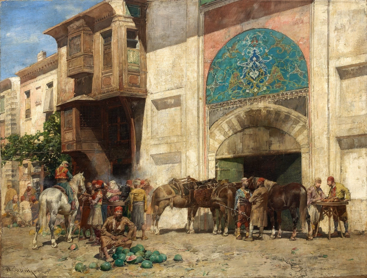 Cavalieri davanti al cancello del bazar